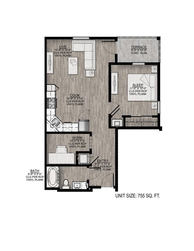 Floor Plan - B2-One bedroom/One bath- Work Space Balcony Cor...