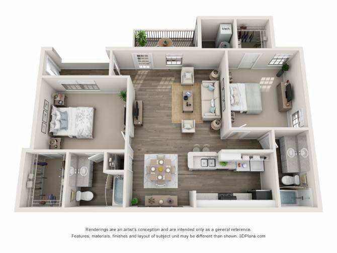 Floor Plan - 2 Bed, 2 Bath - Upgraded