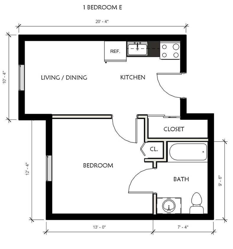 1 Br - E Floorplan - 1 Bedroom- E