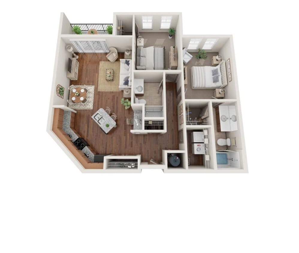 The Philadelphia offers a spacious 2-bedroom, 2-bath layout with granite counters, a kitchen island with breakfast bar, and a private balcony. Perfect for those seeking a comfortable and modern living space with plenty of room to enjoy. - The Philadelphia
