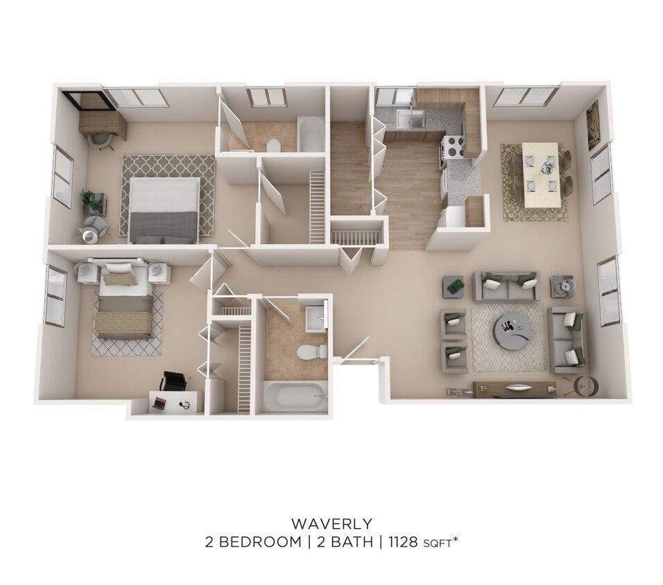 Floor Plan - Two Bedroom 2 Bath - 1128 sqft