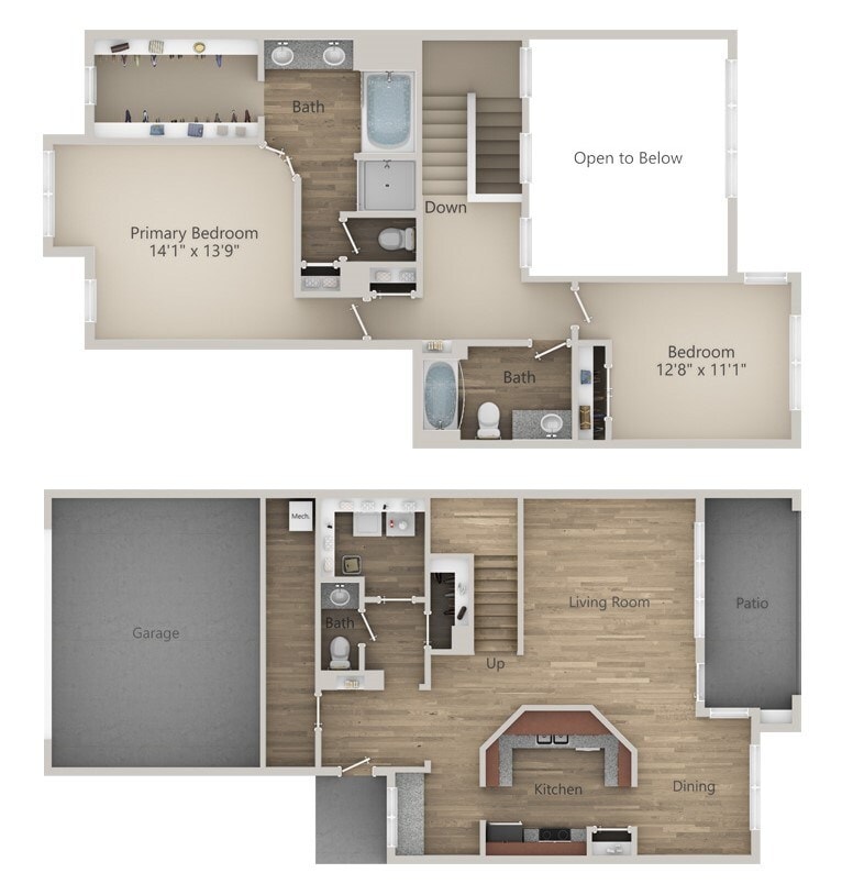Floor Plan - 2 BR 2.5 Bath Townhouse (1850 sf)