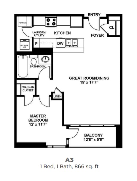 Floor Plan - A3 - One Bedroom One Bath