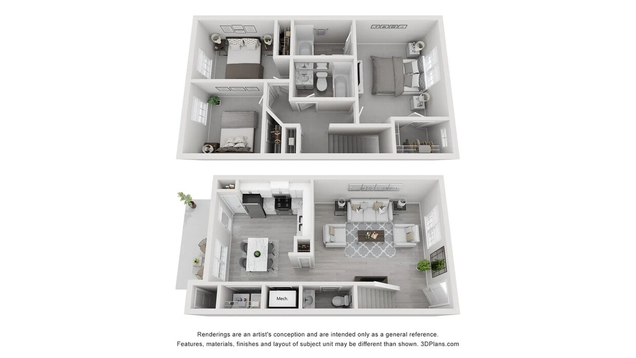 A 3D rendering of The Wessinger Plus, our 3 bedroom 2 bathroom floor plan - The Wessinger Plus