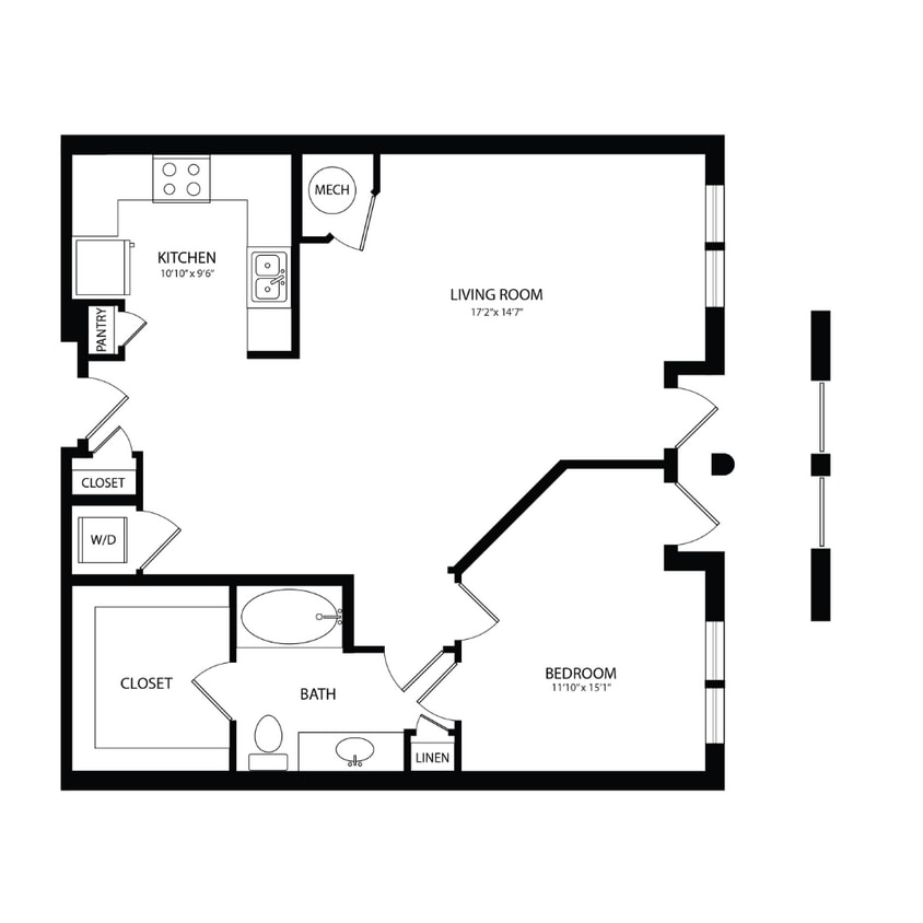 Floor Plan - 1 Bedroom, 1 Bath 896 SF A3B
