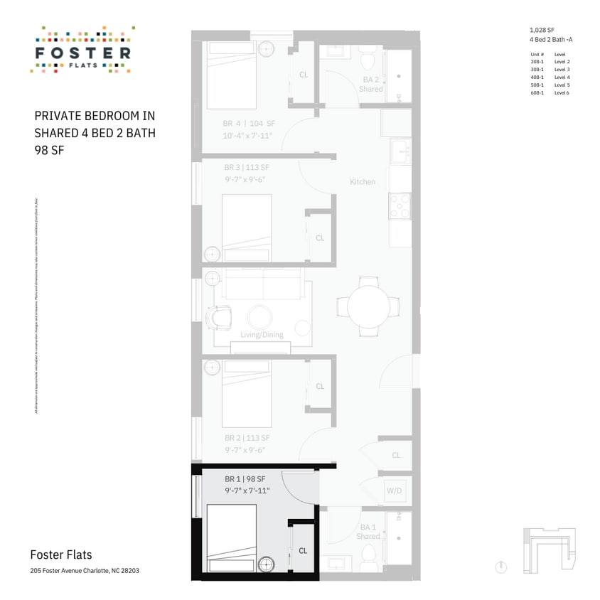 4 Bed 2 Bath -A _ 98 SF BR-1 - Single Furnished Room in Coliving 4 Bed 2 Bath