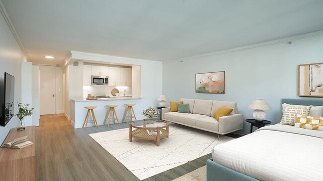 Living Room with Hard Surface Flooring - The Towers at Longfellow
