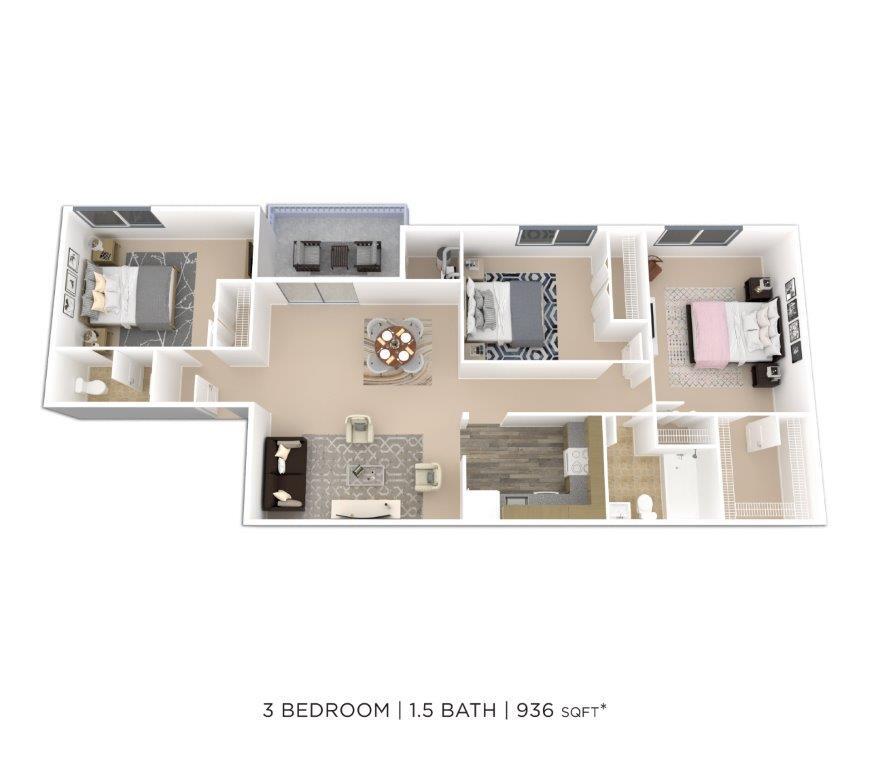 Floor Plan - Three Bedroom 1.5 Bath - 936 sqft