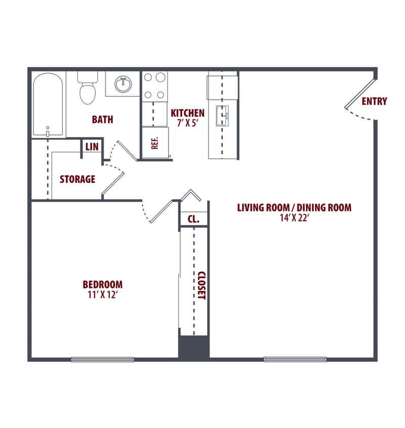 Floor Plan - 1 Bedroom, 1 Bath. E-Reno