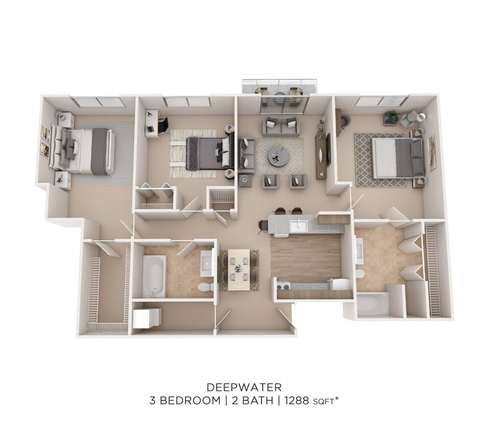 Floor Plan - Three Bedroom 2 Bath - 1,288 sqft