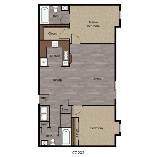 Floor Plan - 2 Bed, 2 Bath - 1063 SF