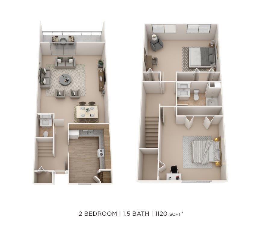 Floor Plan - Two Bedroom 1.5 Bath Townhome- 1,120 sqft
