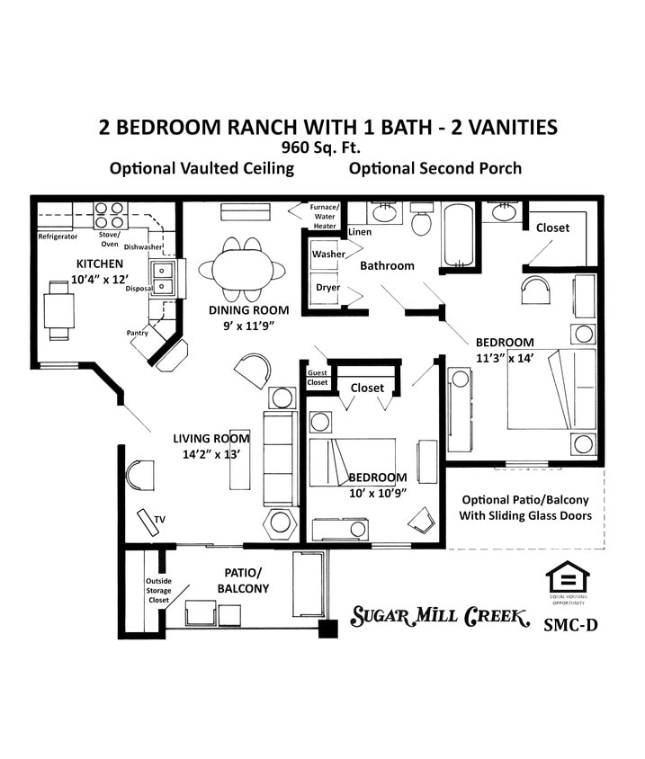 Floor Plan - D-2 Bedroom Ranch w/ 1 Bath