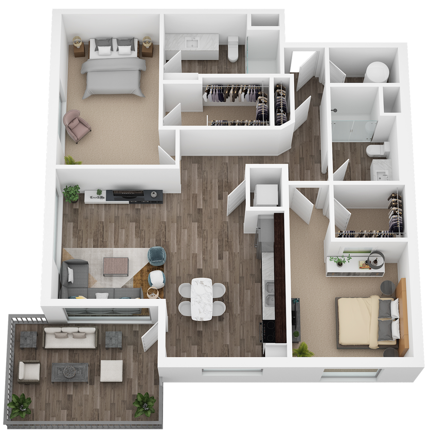 2Bd 2Ba w Balcony 3D.png - Two Bed/Two Bath/Balcony