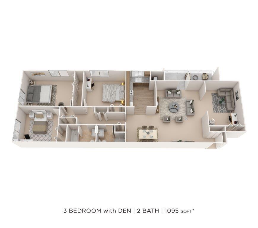 Floor Plan - Three Bedroom 2 Bath w/ Den - 1,095 sqft