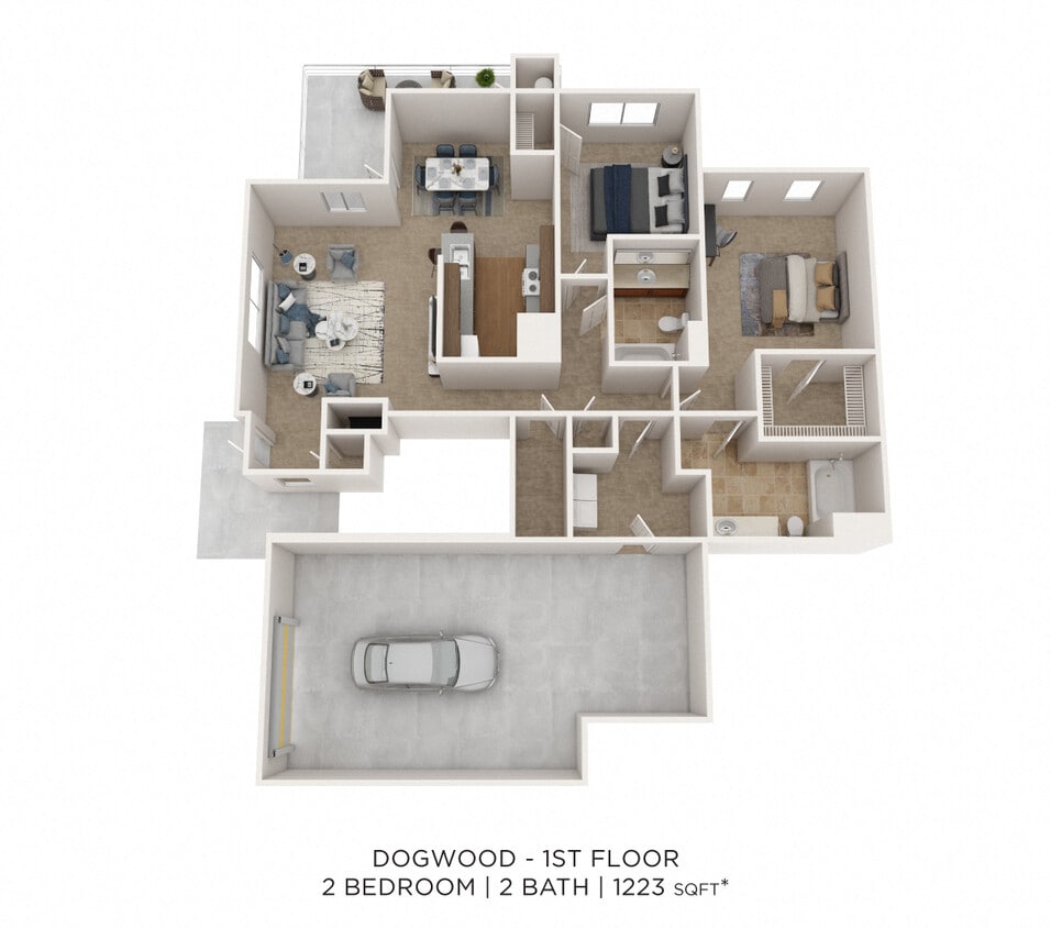 Floor Plan - Two Bedroom 2 Bath w/ Garage - 1,223 sqft
