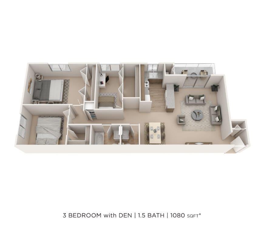 Floor Plan - Three Bedroom 1.5 Bath - 1,080 sqft