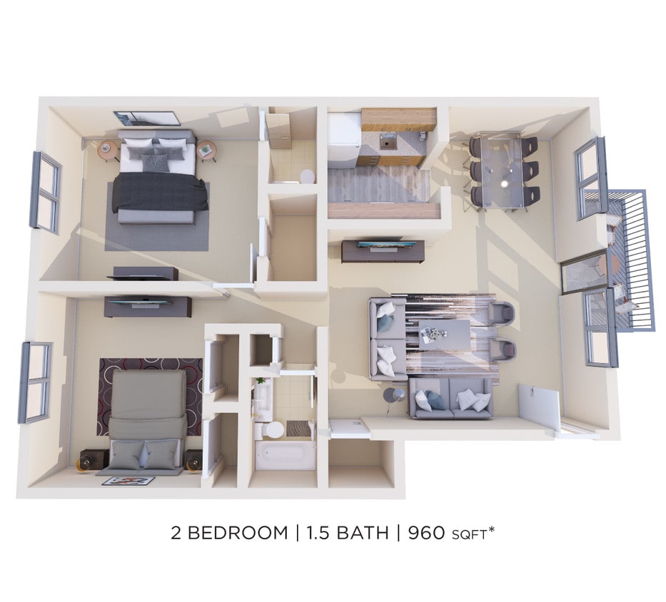 Floor Plan - Two Bedroom 1.5 Bath - 960 sqft