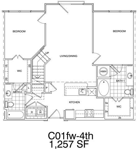 Floor Plan - 2 Bedroom + Loft, 2 Bath 1257 SF KC1L1