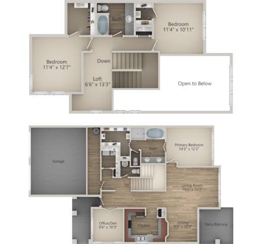 Floor Plan - 3 BR 2.5 Bath Townhouse (2104 sq ft)