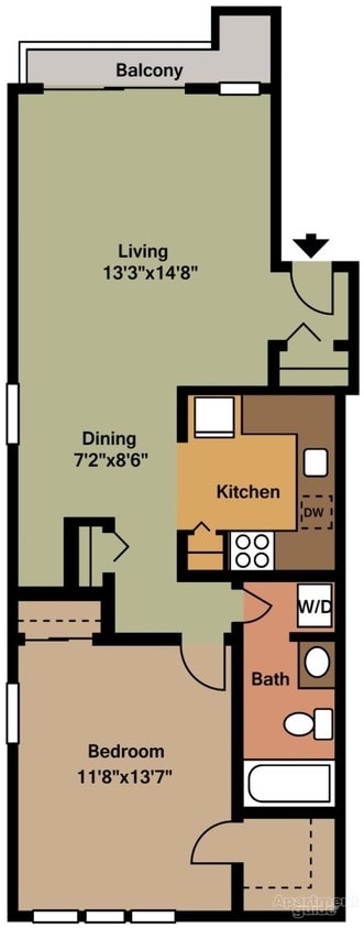 1BR/1BA - 1 Bedroom, 1 Bathroom