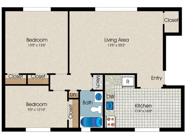 2 Bedroom, 1 Bath 910 sq. ft. - Semi Upgrade Two Bedroom