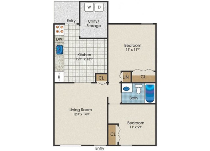 Floor Plan - 2 Bedroom 1 Bath Apartment