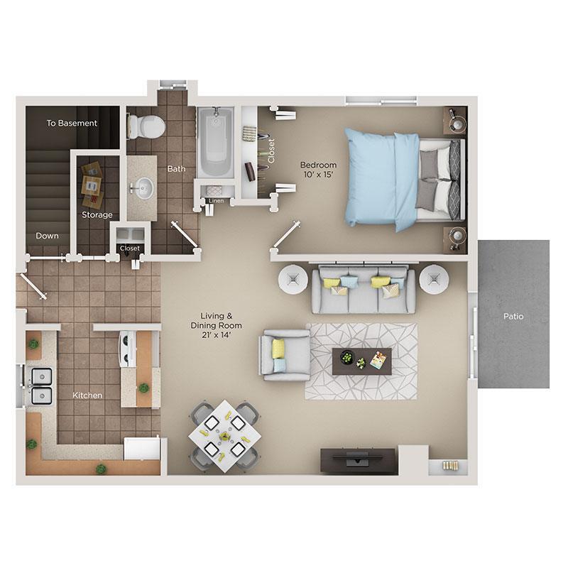 Floor Plan - Renovated 1-Bedroom Townhome