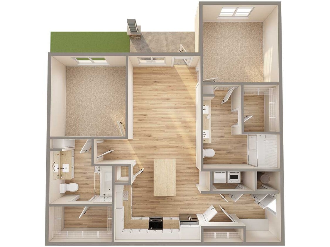 Experience modern living with this chic two-bedroom apartment layout, featuring a spacious open kitchen and living area. - B1