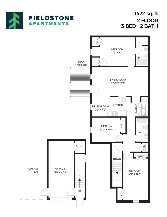 Floor Plan - 3 Bed, 2 Bath - 1,422 sq ft