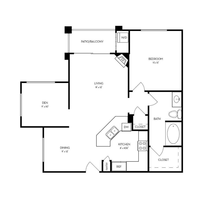 Floor Plan - 1 Bed, 1 Bath with Den B (Topaz Plan - Renovated)
