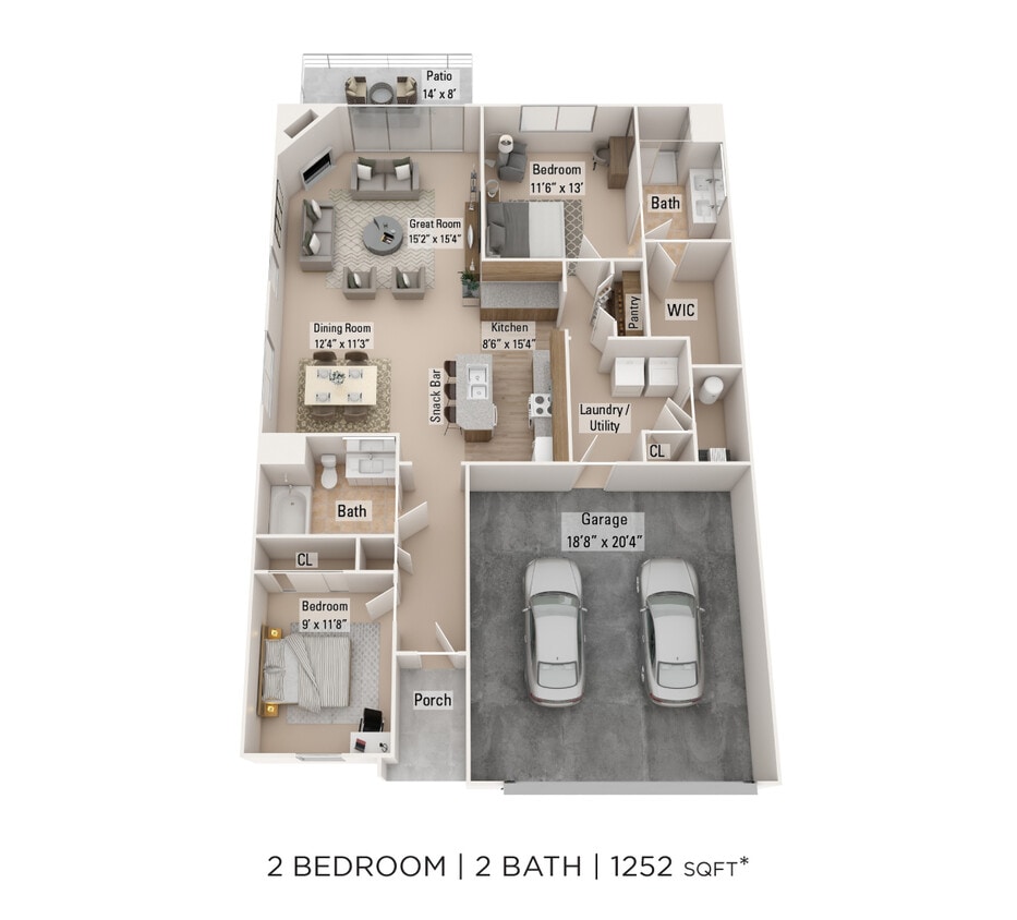 Floor Plan - Two Bedroom 2 Bath - 1,252 sqft 2 Garage