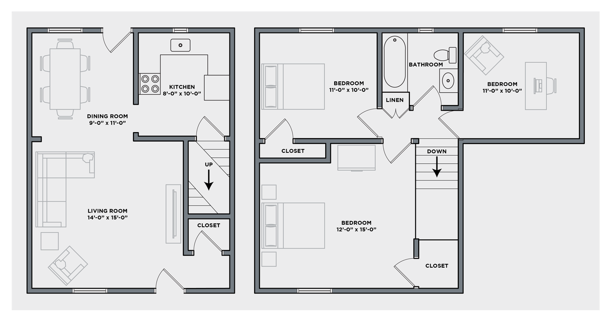 Floor Plan - Three Bed, One Bath |  Townhome