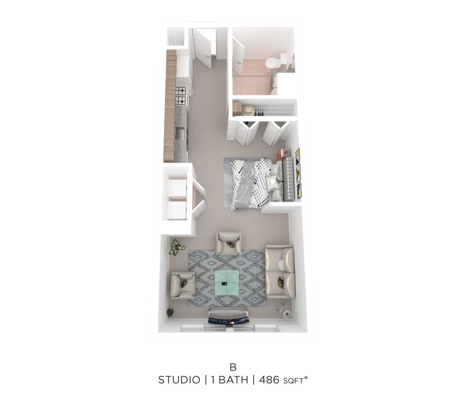 Floor Plan - Studio One Bath B - 486sqft