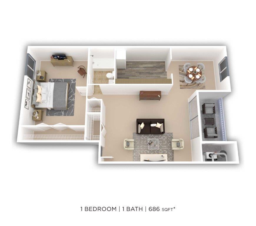 Floor Plan - One Bedroom - 686 sqft