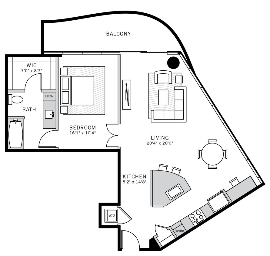 1 bedroom 1 bath penthouse with kitchen island, dining area, patio, walk in closet and 926 sq ft - Penthouse Suite 1