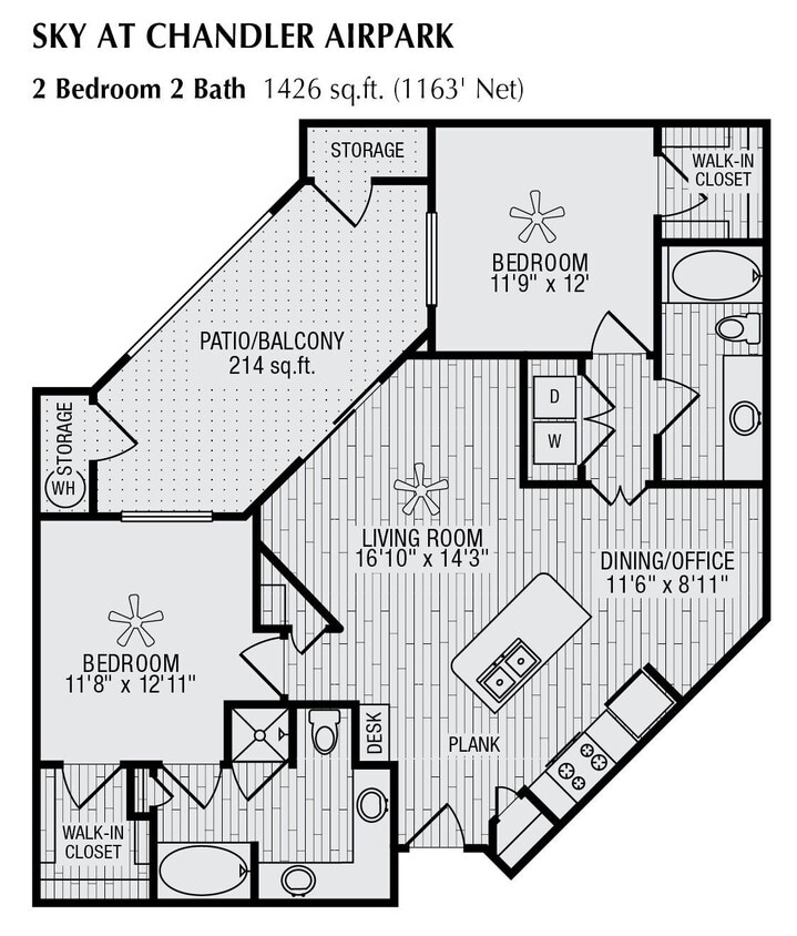 Floor Plan - 2 Bed 2 Bath 1426 SqFt (1163 Net) 