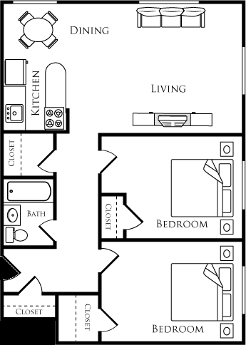 2BR/1BA - 2 Bedroom, 1 Bathroom A