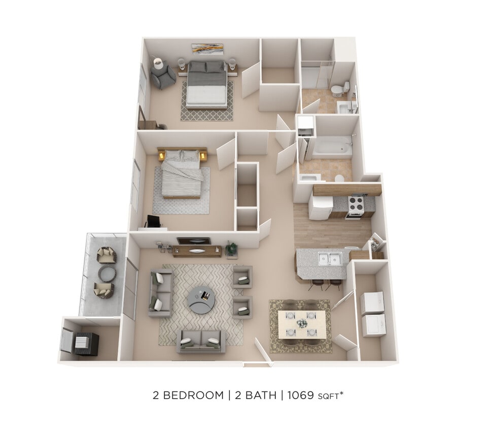 Floor Plan - Two Bedroom 2 Bath- 1,069 sqft