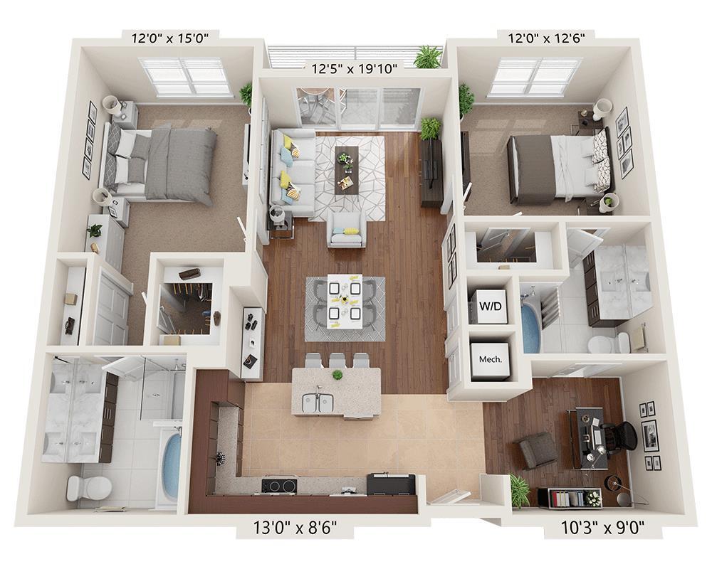 Floor Plan - Two Bedroom with Den B2A