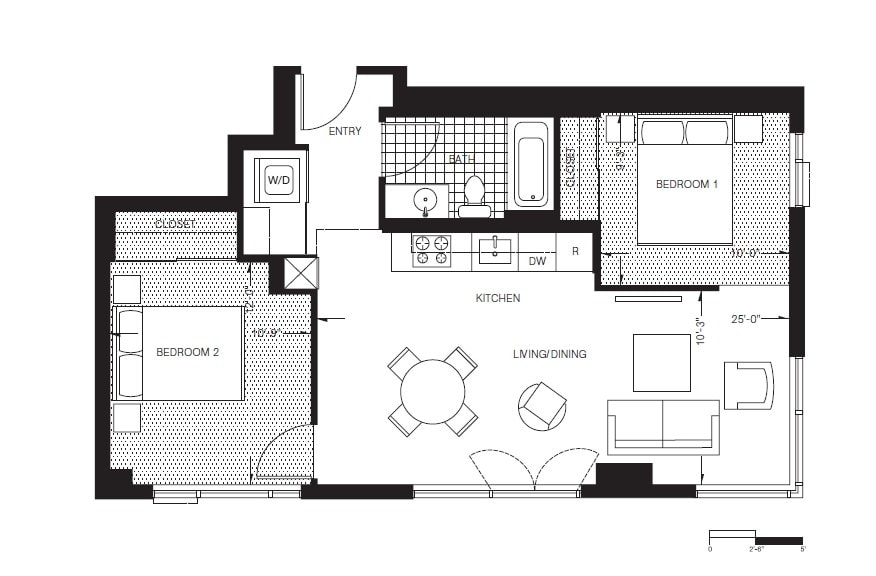 Floor Plan - Two Bed, One Bath (B2)