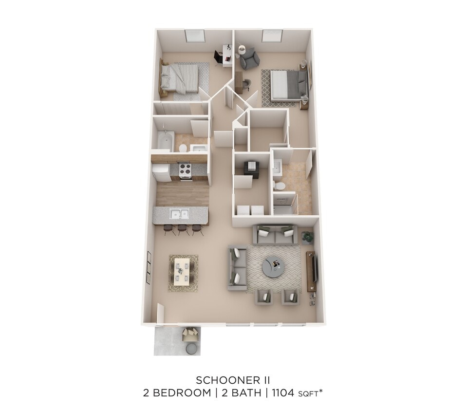 Floor Plan - Two Bedroom 2 Bath- 1104 sqft