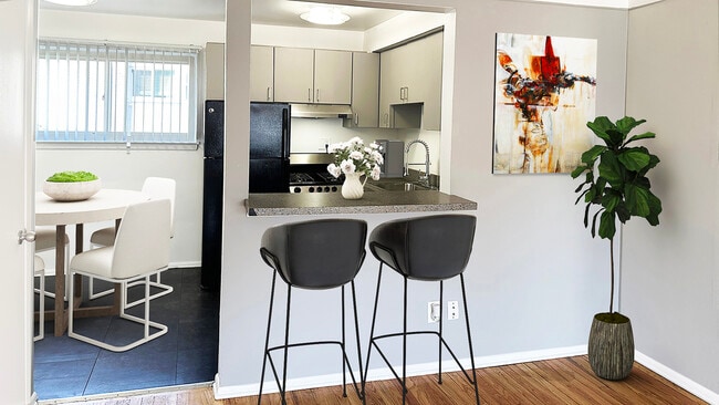 WIndowed nook, bistro dining bar, cool grey cabinets, stainless or jet black appliances. - Metropolitan 13 Flats