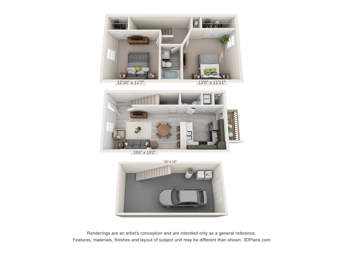 Floor Plan - 2 Bedroom, 1.5BA Townhome with Drive Under Garage