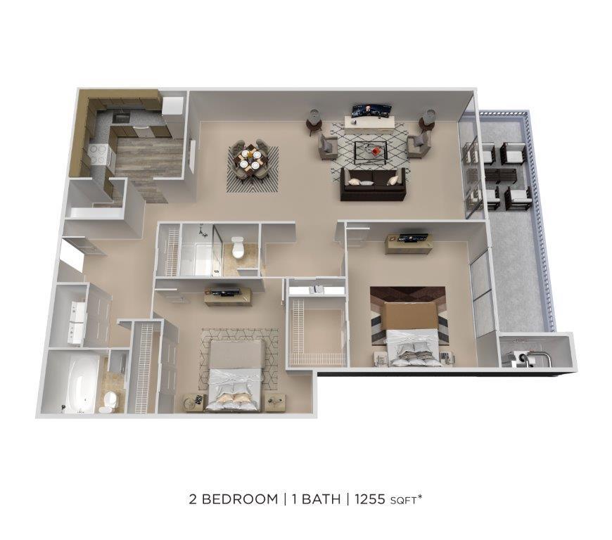 Floor Plan - Two Bedroom 2 Bath - 1,255 sqft