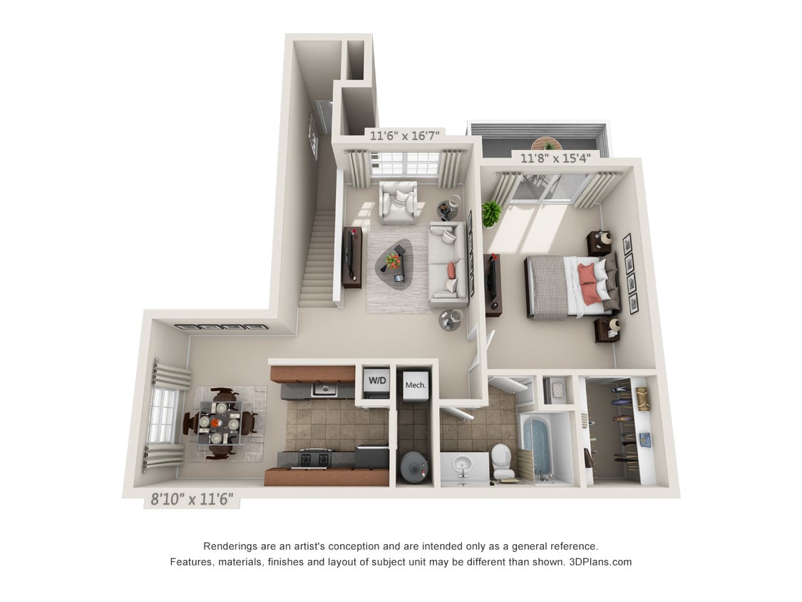 Floor Plan - 1 bedroom, 1 bath second floor- Maple 2