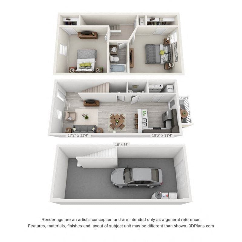 Floor Plan - 2 Bedroom, 1.5BA Townhome with drive under Garage