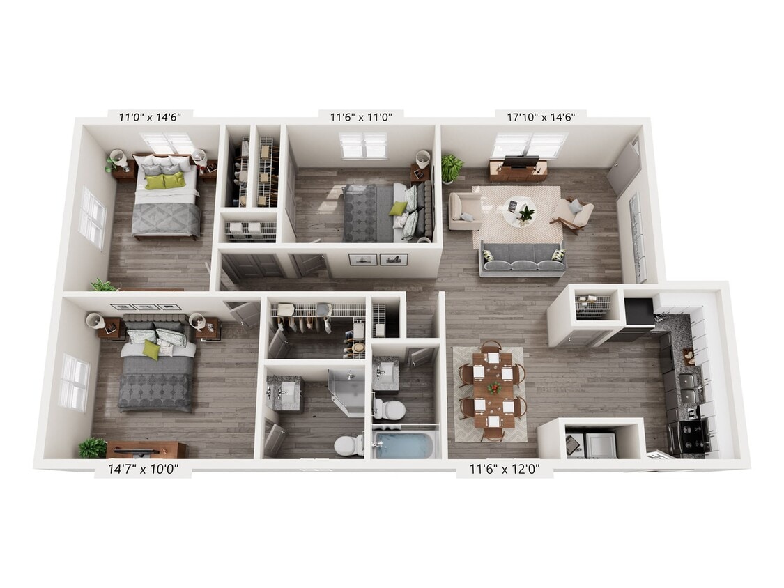 3x2 1285 - 3 Bedroom 2 Bath B Renovated