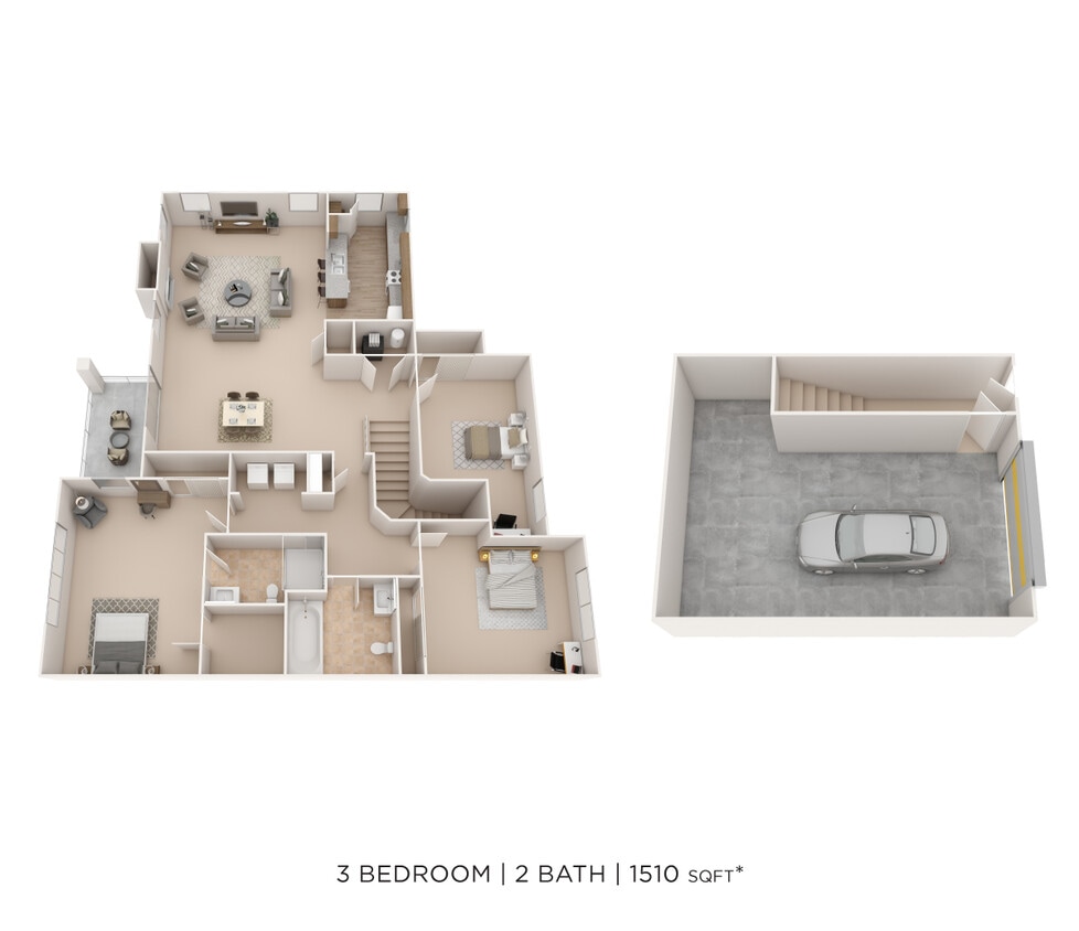 Floor Plan - Three Bedroom 2 Bath- 1510 sqft
