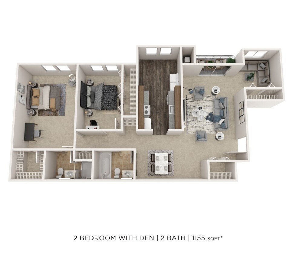 Floor Plan - Two Bedroom 2 Bath w/ Den - 1,155 sqft